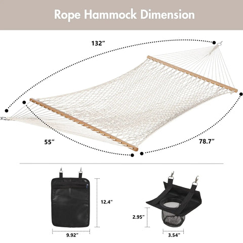 Dimensions of Double Rope Hammock With Hardwood Spreader Bar And Carrying Bag 450 Lbs Capacity For Two People Durable Weather Resistant Outdoor Hammock Easy Setup For Backyard Kickback In Natural Color