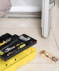 Heavy Duty Chest Freezer Door Hinge Replacement Kit With Outer Shell For Left And Right Sides next to toolbox and open fridge door