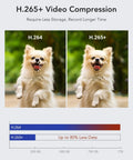 Comparison of H.264 vs. H.265+ video compression efficiency in the 16 Channel 1080P Lite Security DVR With AI Human And Vehicle Detection H265 Plus Compression For Bandwidth Savings 5 In 1 Hybrid CCTV DVR For Surveillance Cameras Compatible With TVI AHD CVI CVBS And Extra IP No HDD, featuring a playful dog.