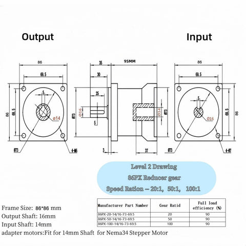 Nema 34 planetary gearbox diagram showing 86mm frame with 14mm input shaft and 16mm output shaft.