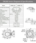 DN280 series diagram and specifications for high-precision hollow rotary actuator, showing measurements and compatibility details.