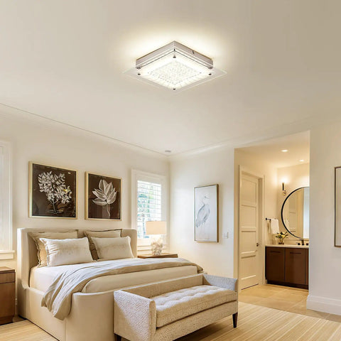 26 Inch LED Crystal Flush Mount Ceiling Light Fixture, Dimmable 4000K Rectangle Crystal Panels in modern bedroom setting