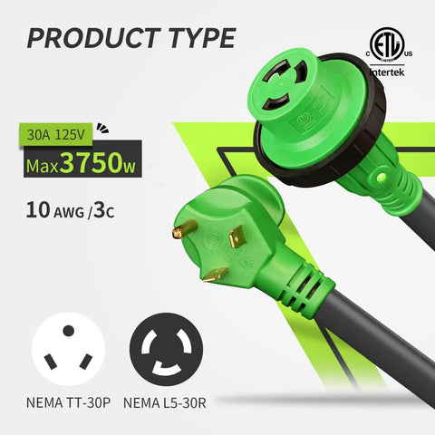 30 Amp 30 Feet RV Lockable Power Extension Cord With TT 30P Plug For Generator Use, Built Tough Outdoor RV Cable, Weatherproof Camping Trailer Extension, Long Reach For Safe Distance And Noise Reduction; 10 AWG, NEMA TT-30P to L5-30R