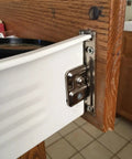 Top Shelf Nickel Drawer Front Mounting Brackets For Metabox Drawer Systems C15 C17 And M15 Models mounted on wooden drawer side.