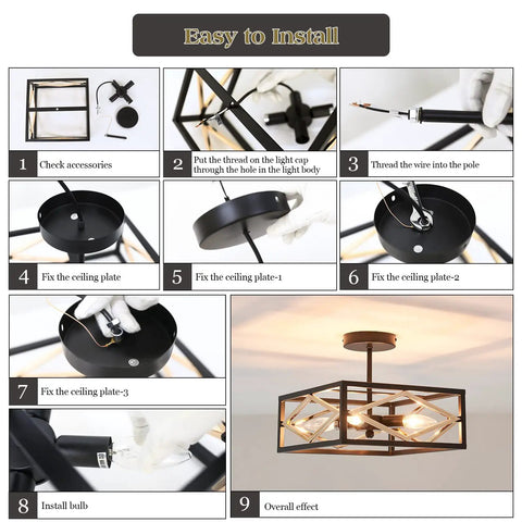 Installation guide for 4 Light Semi Flush Mount Black And Gold Ceiling Light Vintage Metal Farmhouse Cage Chandelier Fixture.
