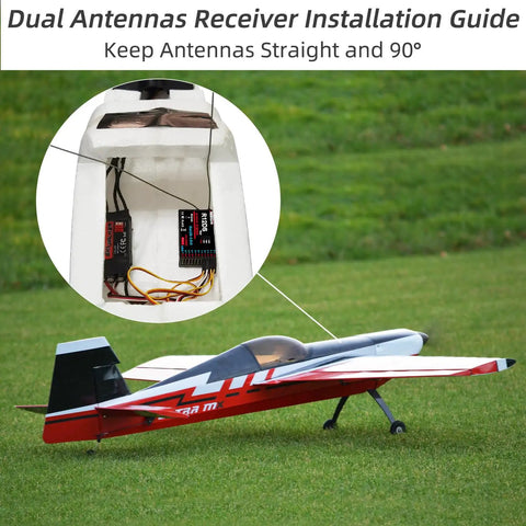 R12DS 2.4GHz RC Receiver 12 Channels SBUS PWM installed in airplane fuselage with guide for dual antennas.