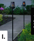 Full view of Solar Insect Killer Torch Bug Zapper And Accent Light For Patio Outdoor Pest Control That Kills Bugs On Contact With Flickering Flame LED Eco Friendly Design along a pathway.