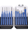 Professional 12 Piece Chisel Punch Kit With Tough Blue Handles For Metal Wood Engraving, Center Flat Tapered Conical CRV Steel Tools To Slam Your DIY Projects Hard And Fast. 12-piece case set, blue grips