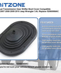 Manual Transmission Gear Shifter Boot Cover For Jeep Wrangler JK 3.8L 2007 2008 2009 2010 Dust Shield Replacement 52060069AC displayed on a product info sheet with the words 'FEATURES: Sealed transmission shifter'.