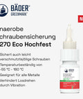 B270 Eco high-strength anaerobic thread locker bottle with product information on bottle label.