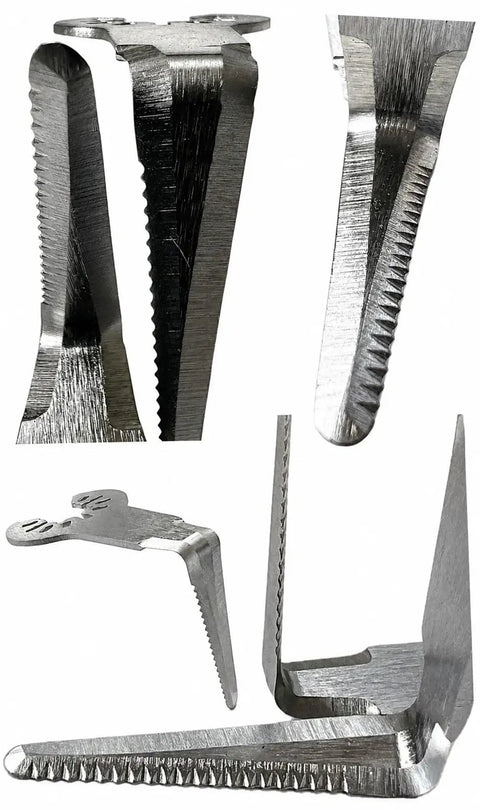 Close-up of serrated stainless steel blade of 1 Inch Caulking Scraper For Oscillating Tools Serrated Stainless Steel Multi Tool Accessory