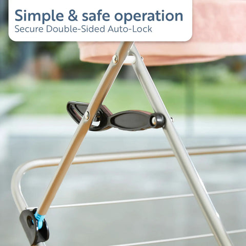 Close-up of double-sided auto-lock mechanism on Rock Solid Three Tier Clothes Drying Rack With Foldable Setup For Indoors Or Outdoors.