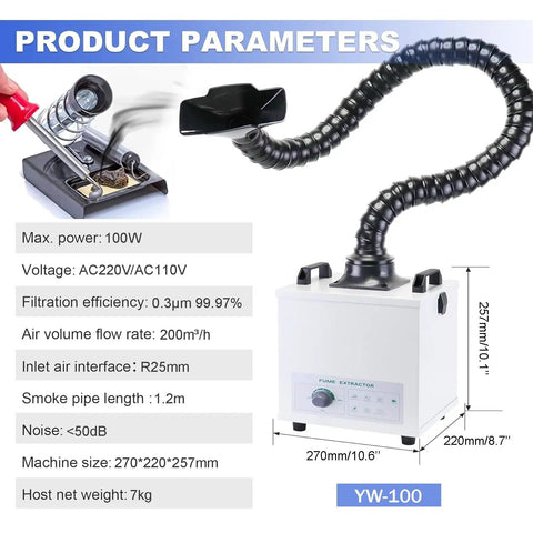 Solder Fume Extractor With 100W Motor, 200m3/h Suction, Low Noise, Pro Grade Performance, 3 Stage Filtration, 1.2m Hose, Desktop Nail Salon Soldering Fume Absorption And Cleanup, 110 Volt, dimensions and specs displayed.