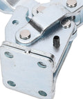Close-up of galvanized iron Beefy Vertical Toggle Clamp For Woodworking with 450 Kg Holding Capacity, showing joints and screws.