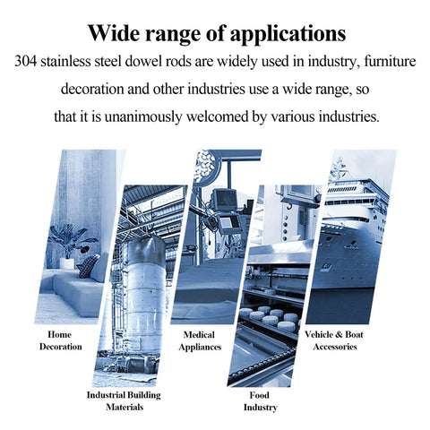 Wide range of applications for 304 stainless steel dowel rods in home decoration, medical appliances, and food industry.