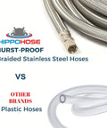 Universal Icemaker Hose 20 Ft For All Refrigerator Brands, Stainless Steel Water Supply Line next to plastic hose comparison image