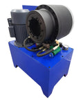 Built Tough Electric Hose Crimper Machine For High Pressure Hydraulic Lines With Forge Steel Head And Ten Precision Dies 220v 4kw view showing motor and crimping head with hoses and controls.