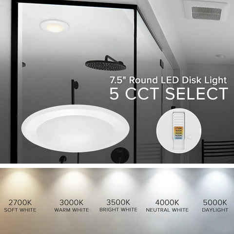 Super Bright 7.5 Inch Led Flush Mount Ceiling Light Round Disk Fixture Delivers 1200 Lumens Dimmable Tunable White Cct Switch in a bathroom setting.