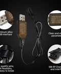 Two Pack 7.4V USB Charging Cable With SM3P Plug for RC Cars Trucks Tanks Huina 1575 DE43 DE60 showing cable features and specs.