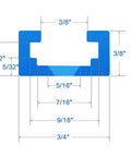 Solid As A Rock Blue Anodized Aluminum T Track Bundle With Wood Screws 48 Inches By Three Quarters Wide section view with dimensions