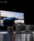 Plug In And Crush Lag With This Top Tier External Gpu Dock Featuring Dual Thunderbolt Five And Oculink Pcie Four Zero X4 Ports That Push Graphics Power To Beast Mode While Shipping Data Fast At Sixty Four Gbps With ATX Or SFX Power connected to a monitor displaying a sleek sports car.
