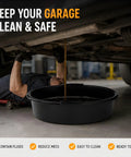 Msioytog Heavy Duty Garage Oil Drain Pan With Super Wide Mouth Round Bassin for Easy Car Fluid Collection in use under a vehicle.