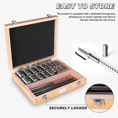 Keyway Broach Kit With Collared Bushings Shims And 30 Piece Set in wooden storage box for metalworking and manufacturing