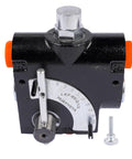 Front view of hydraulic adjustable flow control valve with relief, 1/2 in NPT, black body, orange end caps, silver dial