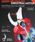 Two In One Cordless Pole Pruner With 15 Ft Reach Brushless Motor Dual 2000mAh Batteries, showing blade size options of 25mm and 30mm.