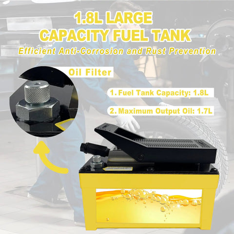 1.8L capacity fuel tank for Heavy Duty Aluminum Air Hydraulic Foot Pump, 10,000 PSI Output, 1.7 Liter Reservoir, oil filter detail.