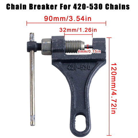 Chain breaker tool for 420-530 chains with measurement details shown