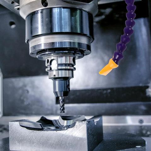 Flexible Coolant Hose With Half Inch Thread And Flat Nozzle Switch, Adjustable Water Pipe For Lathes, Mills And Hydraulic Cooling Systems, About Twenty Three Point Six Inch Length attached to a milling machine, directing flow.