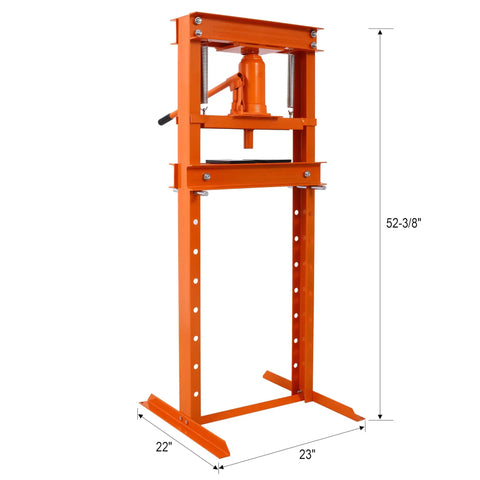 Solid Hydraulic Shop Press With Adjustable Table And Steel Plates 12 Ton Capacity Floor Mount H Frame Garage Powerhouse side view showing height and size.