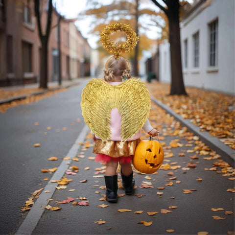 Child in Celestial Gold Feather Headband Set for Girls, Cosplay Ready Halloween Accessory at festival, wearing 21.7 x 17.7 inch wings