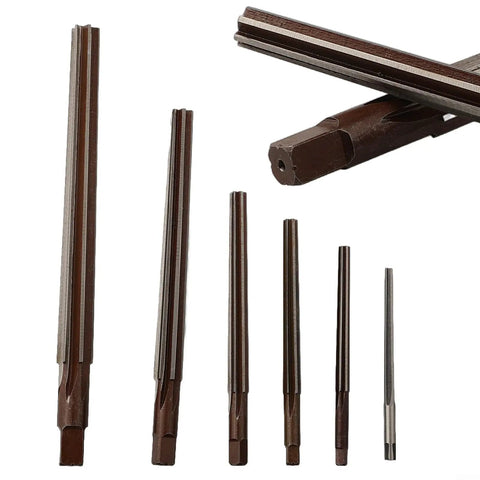 Pro Grade Taper Reamer Set Comes With Six Tough As Nails Hand Reamers Cut From Durable HSS Alloy Steel For Precise One Fifty Conical Sizing And Smooth Relentless Shop Work Ahead, showing various sizes of reamers.