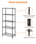 Heavy Duty Wire Shelving Rack Adjustable Five Tier Garage Storage Organizer Unit With Tool Supply Holder Black Finish showcasing levelers and height adjustments.
