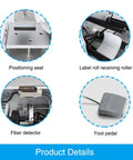 No Fuss Semi Automatic Plane Labeling Machine Adjustable Label Applicator components including positioning seat, fiber detector, and foot pedal.