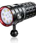Beast Bright 25000 Lumens Underwater Dive Light with 100m Depth, Video Ready Scuba Torch in black and red metal casing, Type C Charging