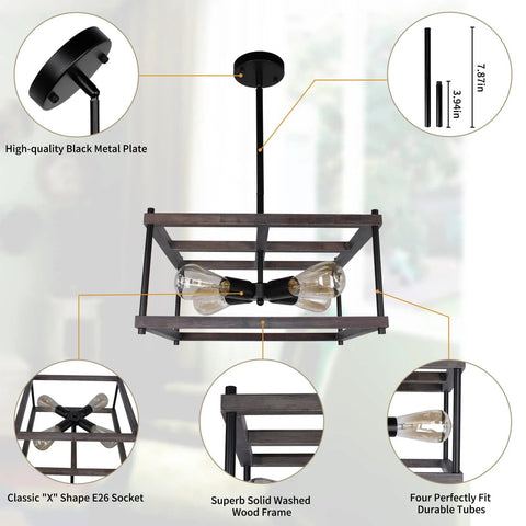 Diagram of 4 Light Farmhouse Semi Flush Mount Ceiling Light Rustic Wood And Black Metal Industrial Vibe Fixture For Living Room Dining Room Hallway Kitchen Entryway Now