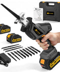 21V Brushless Mini Reciprocating Saw With Twin 4.0Ah Batteries And 12 Blades showing the saw, batteries, and blades for cutting wood, metal, and plastic.