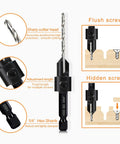 Image showing 5 Piece Woodworking Countersink Counterbore Drill Bit Set 3 In 1 For Flush Screws 6 To 16, M2 Pilot Bits, Adjustable