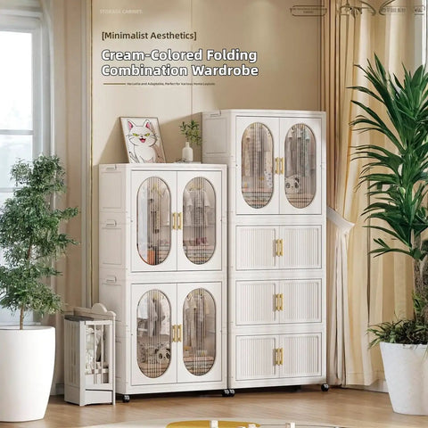 Cream-Colored Folding Combination Wardrobe with clear doors, organizer structure, perfect for minimalist aesthetics.