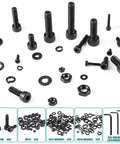 2024 Piece Metric Screw And Hardware Set With 12.9 Alloy Steel Black Zinc Plated Hex Socket Head Screws Nuts Bolts And Washers M2 M3 M4 M5 Complete Assortment For Machinery, Furniture, And DIY Projects displayed with components and hex wrenches.