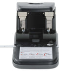 Front view of heavy duty two hole punch with high capacity for 100 sheets, built tough metal construction, wide handle, black finish