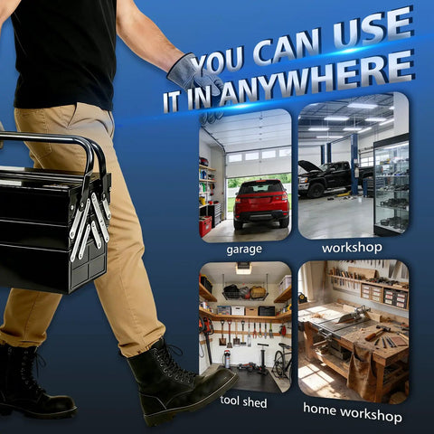 Rock Solid Cantilever Tool Box With Fold Out Three Tier Five Tray Steel Organizer being carried in garage with various tool storage areas.