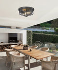 Dope Flush Mount Ceiling Light Fixtures For Indoor Outdoor Use With Glass Shade 2 Light E26 Aluminum Black Round Frame over a patio
