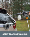 Deluxe Accessory Kit For Hydroshot Power Washers With Rotary Brush Squeegee Soap Dispenser washing an SUV with soapy water