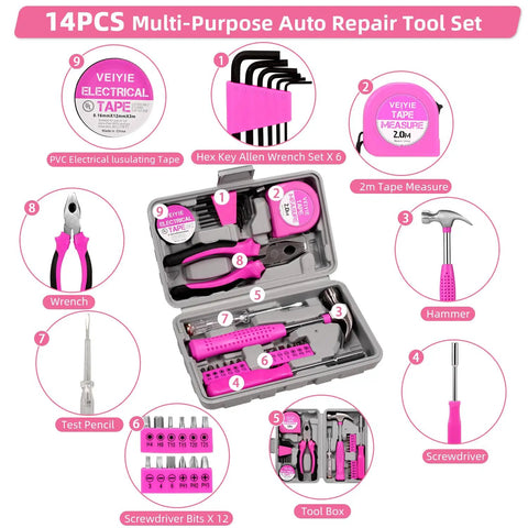14-piece pink multi-purpose auto repair tool set with toolbox, featuring wrenches, screwdriver, and tape measure.