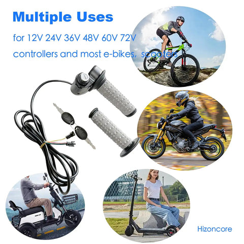 Full Twist Throttle For E Bikes And E Scooters Plug And Play 12V 72V Key Lock Pre Installed Grip Easy Install Ready Out Of The Box Wide Voltage Support Fits Most Models No Sweat shown with e-bike and scooter applications