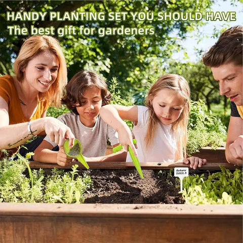 Family using 14 Pcs Seed Dispenser Set for Garden Hand Planter and Seeder Tool with Dibber, Hole Puncher, and Labels outdoors.